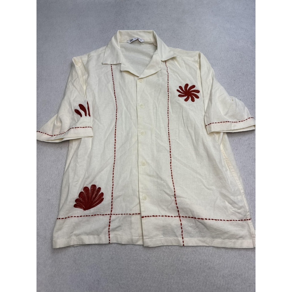 Zara Shirt Mens Medium Off White Cotton Linen Embroidered Short Sleeve Button Up